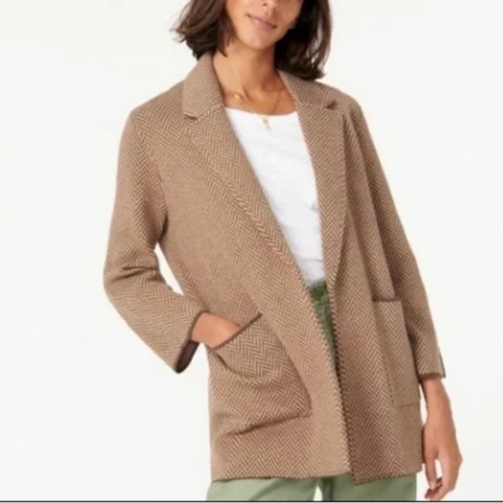 J. Crew Sophie Brown & Tan Herringbone Open Cardigan Blazer Sweater Jacket Sz M